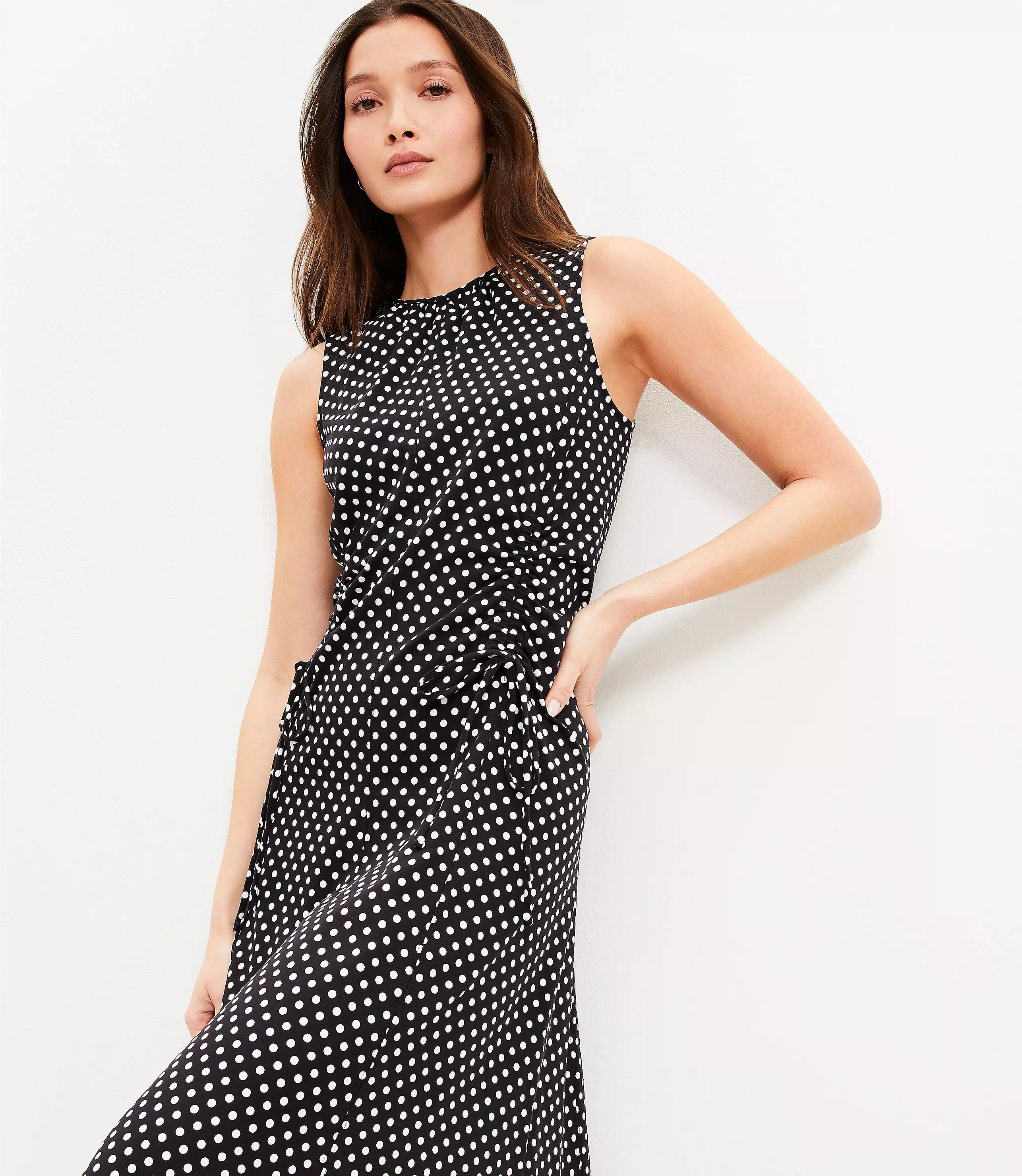 Dotted Cinched Front Tie Midi Dress | LOFT