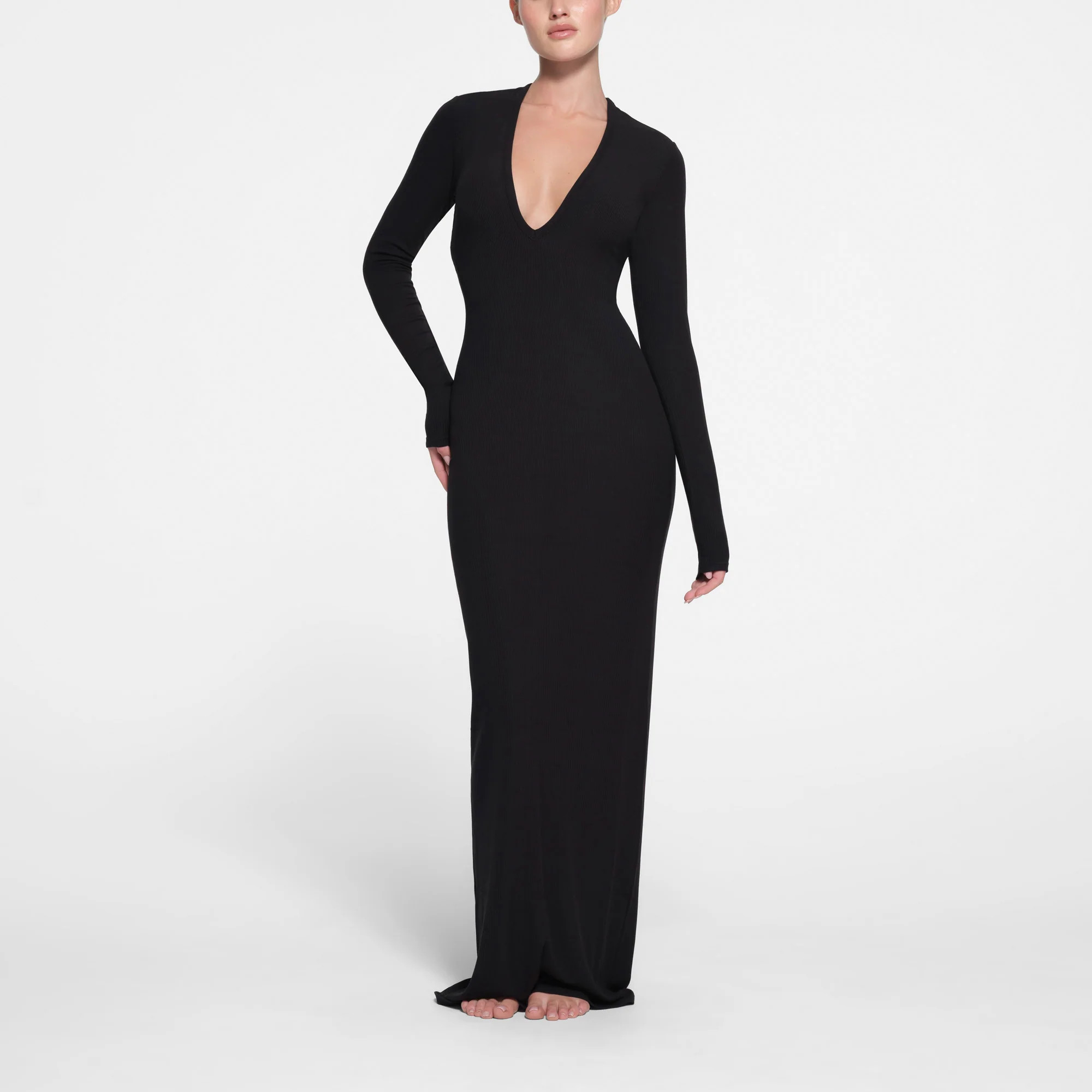 SKIMS Deep Plunge Long Dress | Black | Small | Soft Lounge | SKIMS (US)