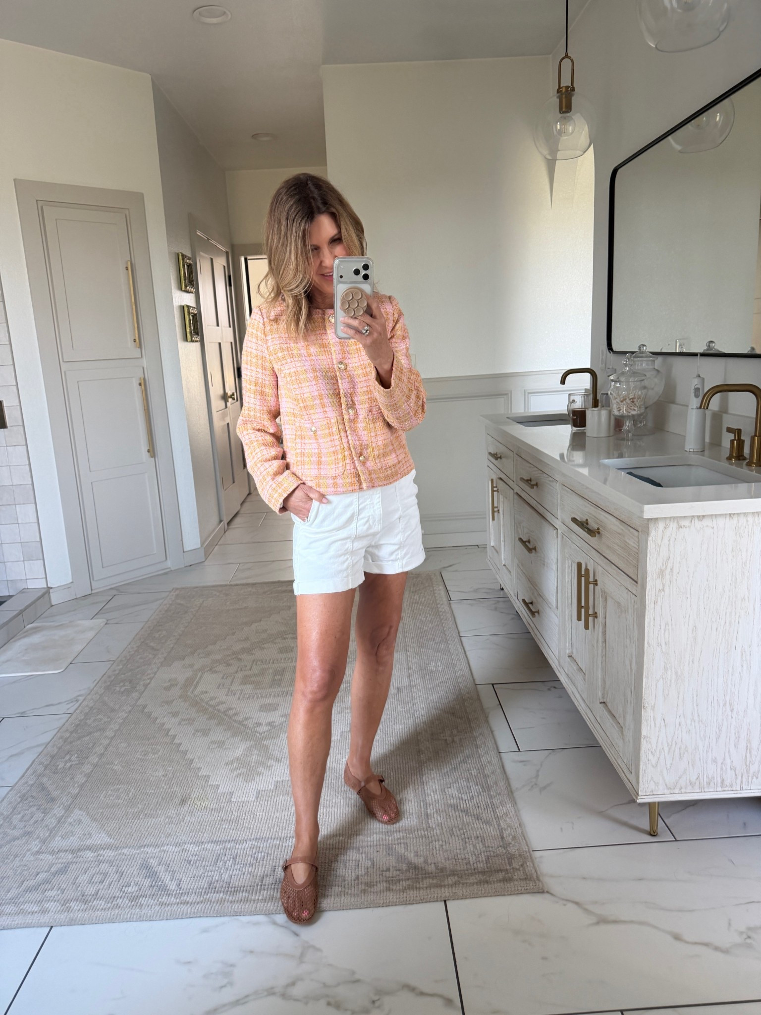 Size small jacket (it runs big)
Size 4 shorts 

#LTKOver40