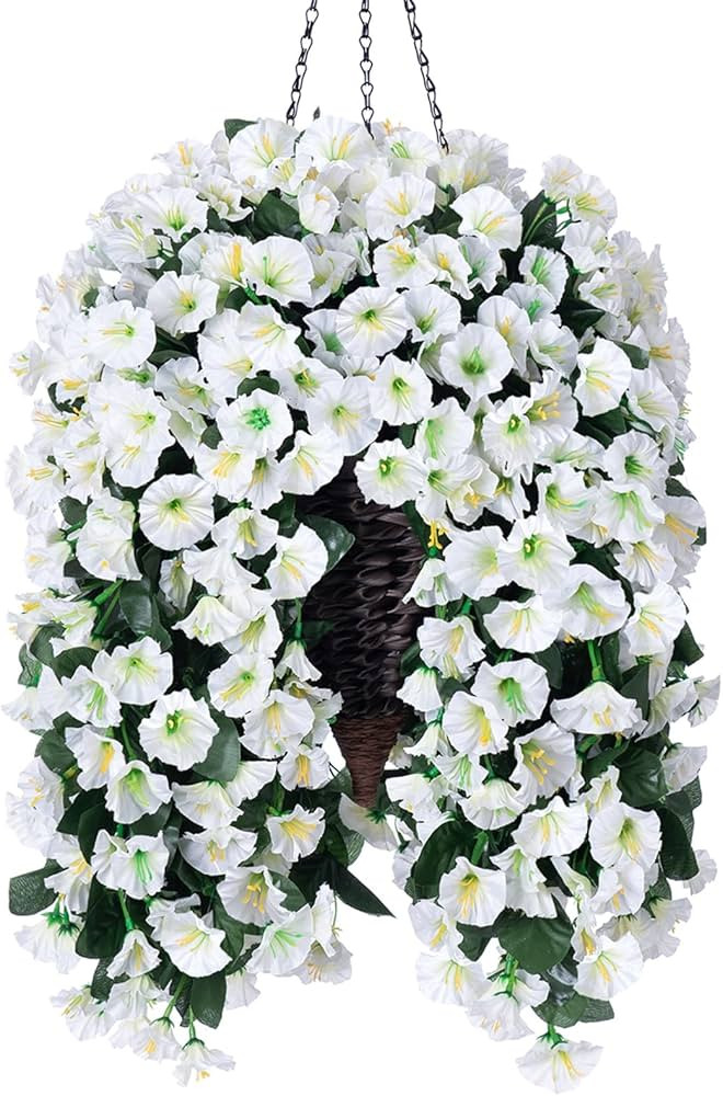 Artificial Faux Hanging White Flowers Plants Basket for Outdoor Outside, Fake UV Resistant Realis... | Amazon (US)