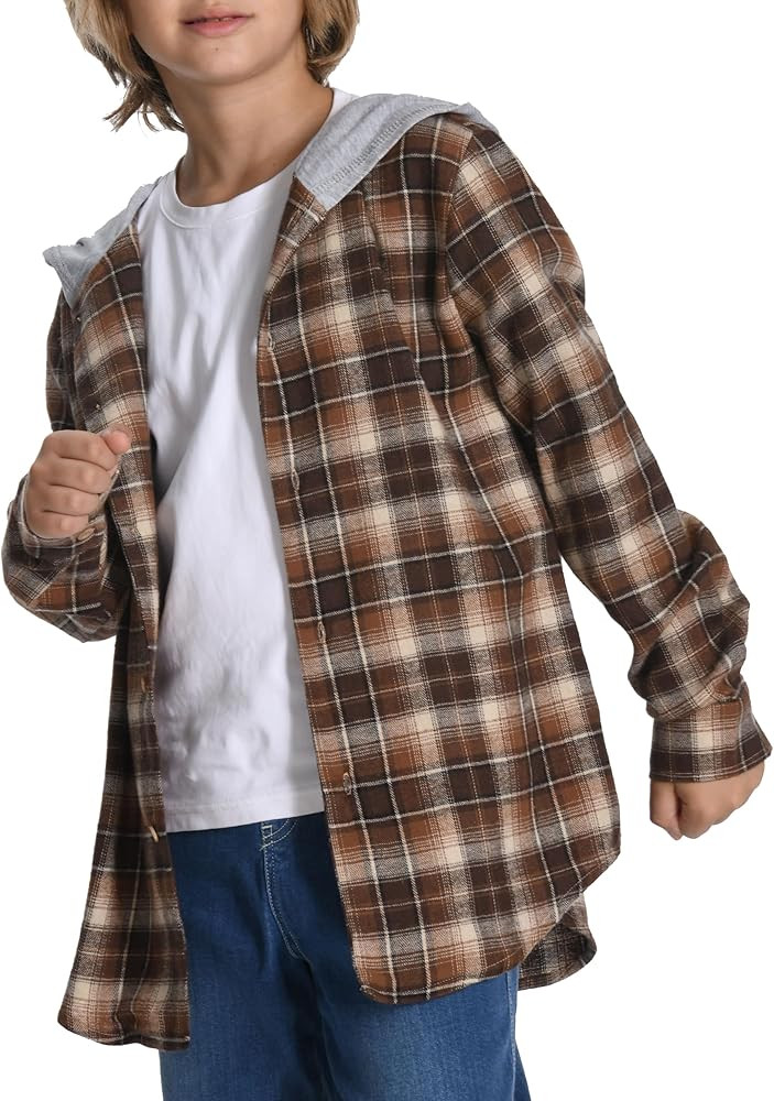Unisex Kids Flannel Plaid Shirts Boy Girl Button Down Long Sleeve Shirt with Hood 5-12Years | Amazon (US)