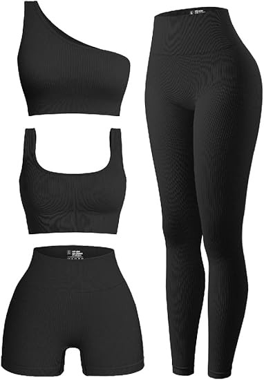 OQQ Women's 4 Piece Outfits Ribbed Exercise Scoop Neck Sports Bra One Shoulder Tops High Waist Sh... | Amazon (US)