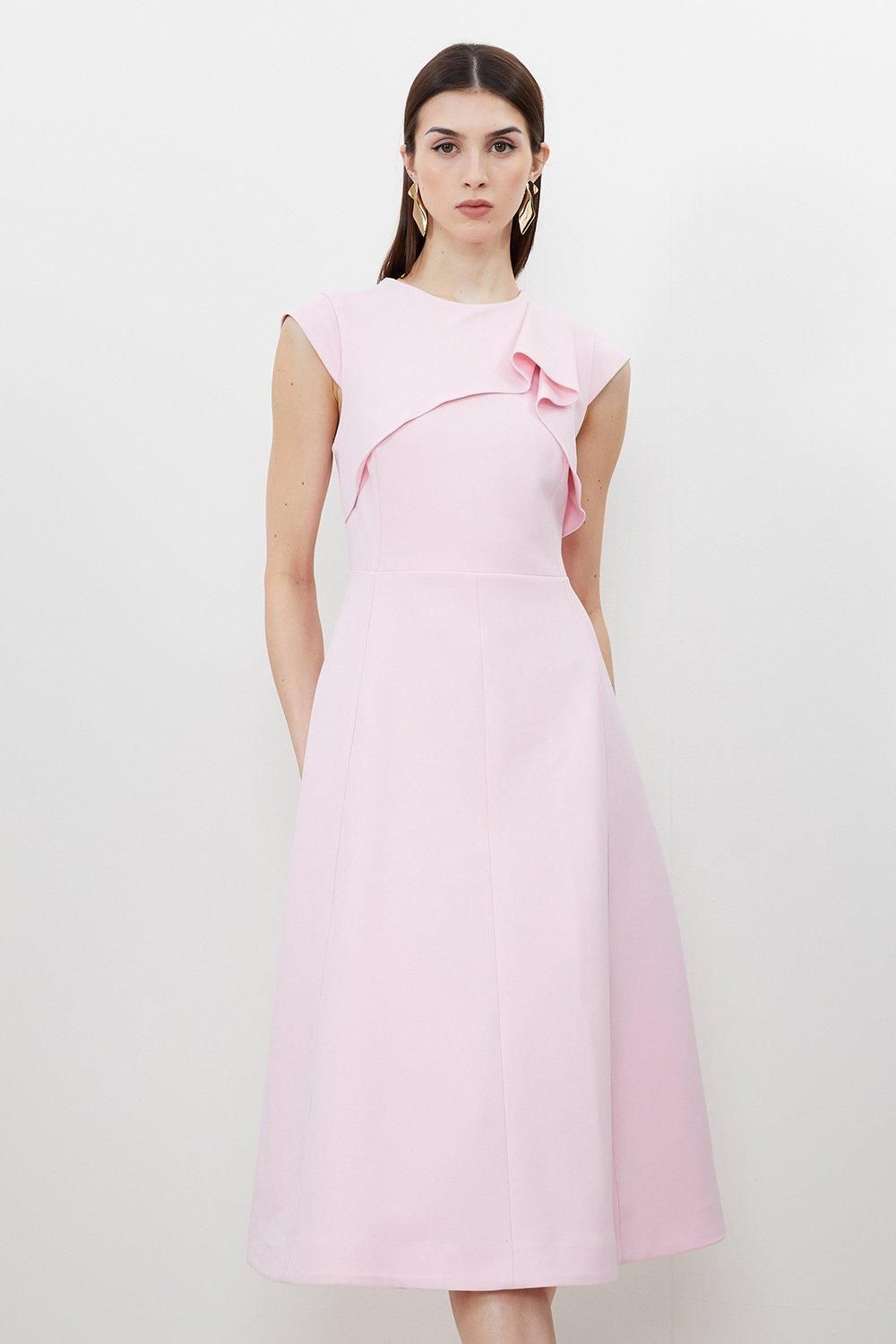 Tailored Crepe Drape Shoulder Full Skirt Midi Dress | Karen Millen UK + IE + DE + NL