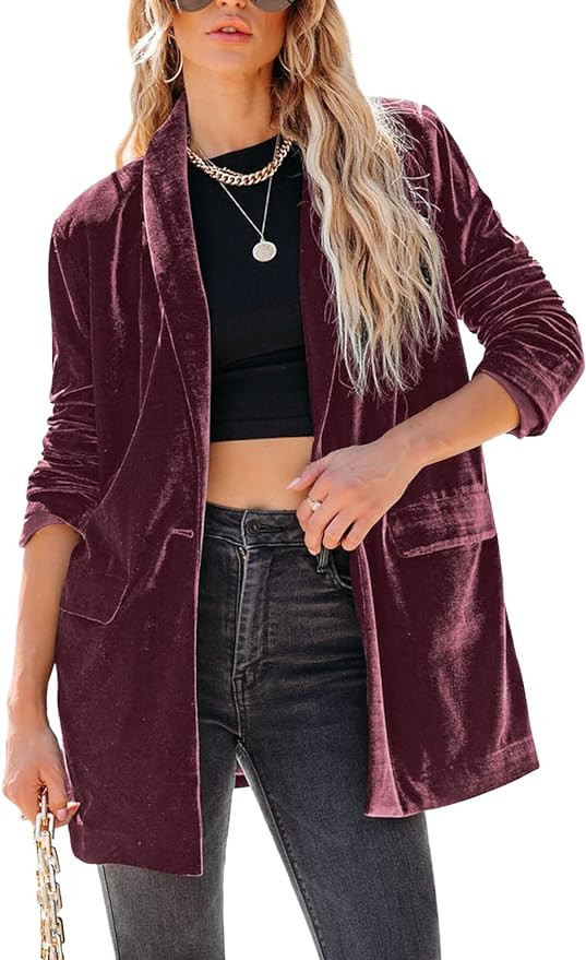 FSHAOES Womens Casual Velvet Blazers Open Front Long Sleeve Lapel Collar Lightweight Work Office ... | Amazon (US)
