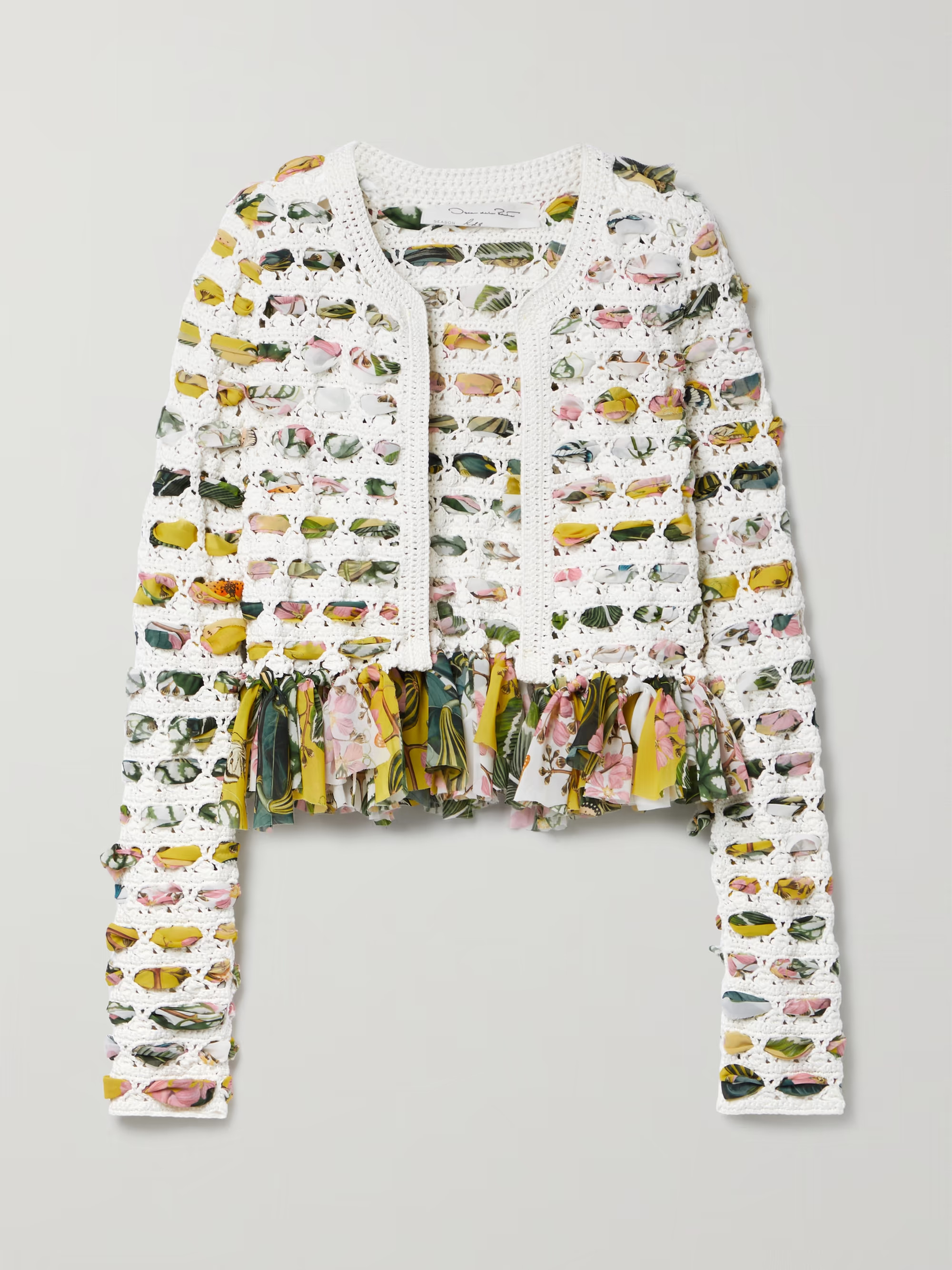 Crochet-knit cotton and fringed printed chiffon cardigan | NET-A-PORTER (US)