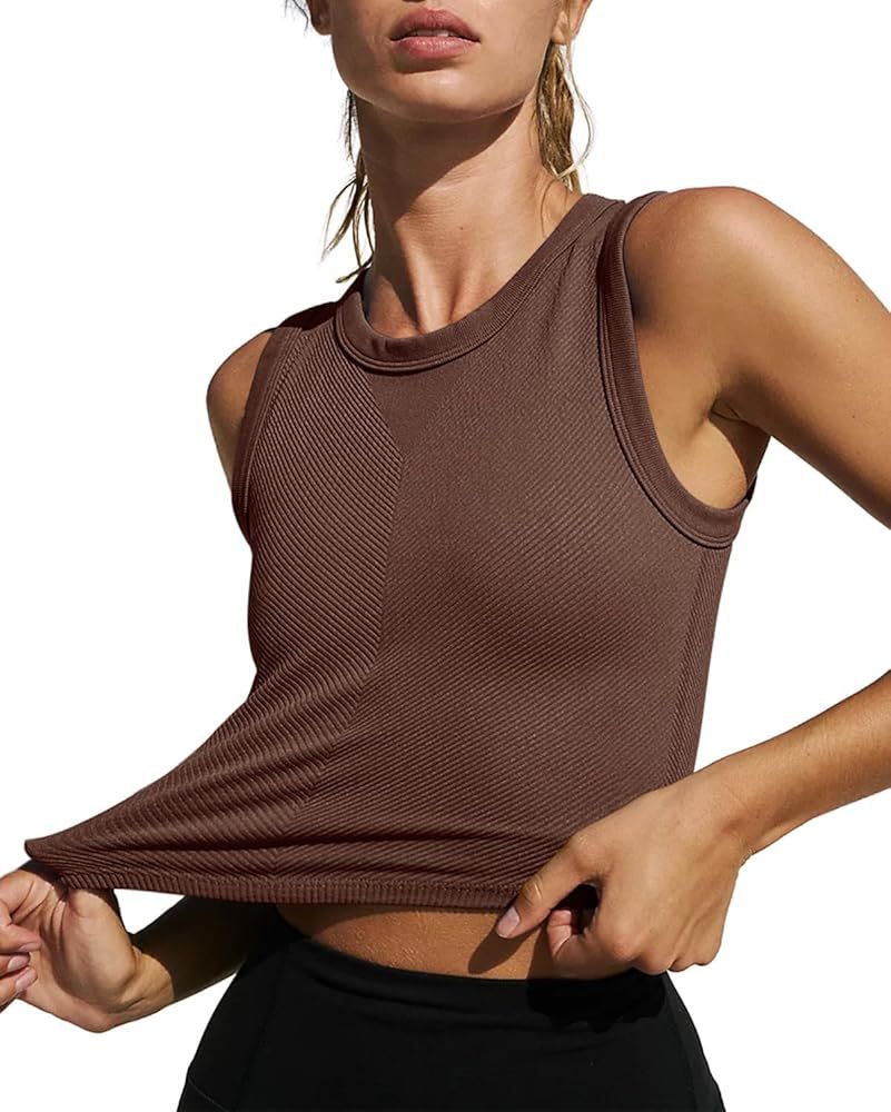 LASLULU Womens Molded Cups Seamless Workout Top Racerback Yoga Short Tank Tops Athletic Shirt Sli... | Amazon (US)