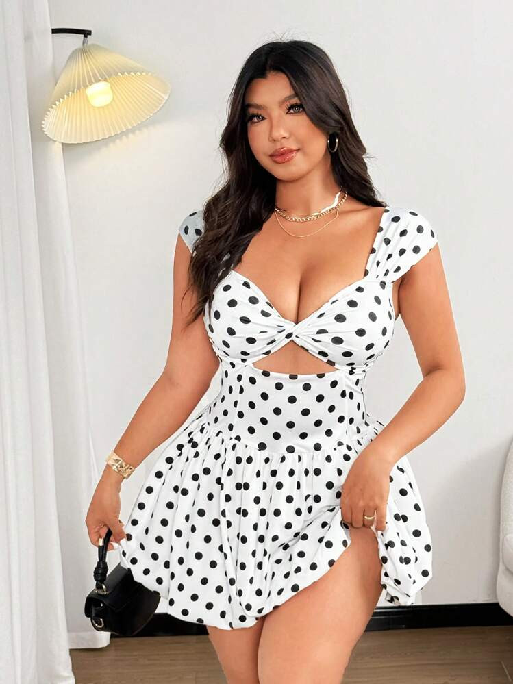 Vionelle Plus Size Women Twist Design Polka Dot Print Hollow Sexy Dress | SHEIN