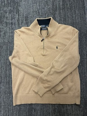 Polo Ralph Lauren Men’s Large Tan 1/4 Zip Pullover Sweater 100% Cotton Navy Pony | eBay US