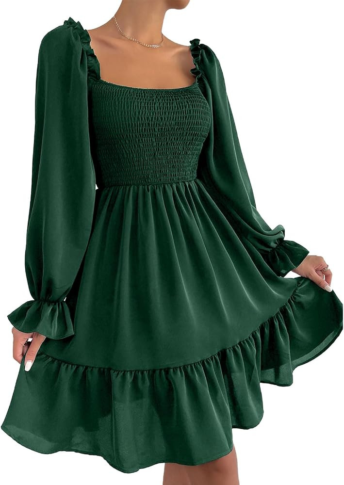 Ekaliy Women's Puff Sleeve Smocked Dress Square Neck A Line Swing Flowy Ruffle Hem Babydoll Mini ... | Amazon (US)