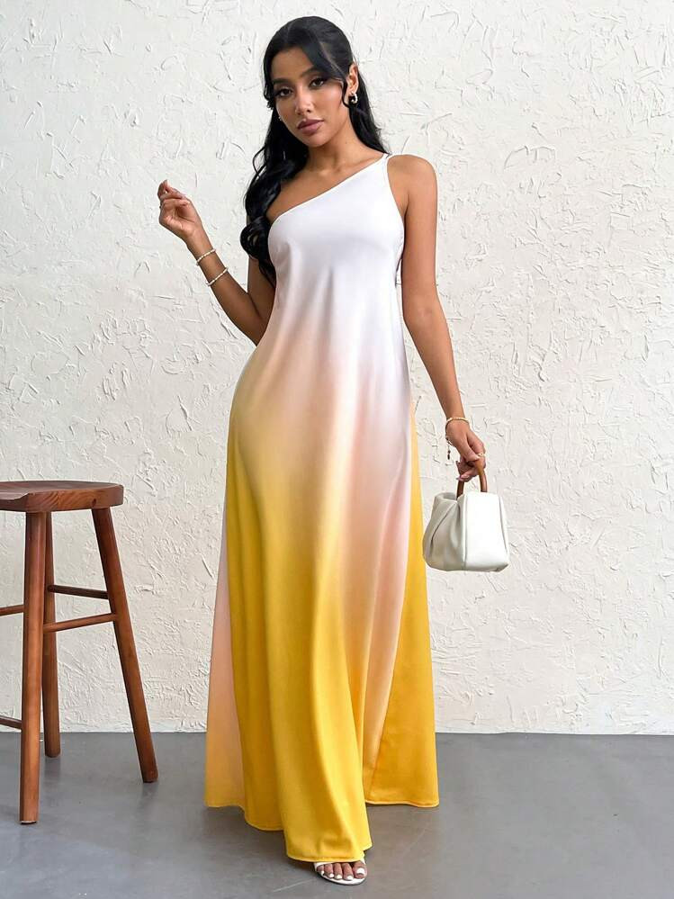 Firerie Gradient Ladies" Backless One Shoulder Knot Design Super Long Dress,Sun Dress,Pastel Dresses For Women | SHEIN