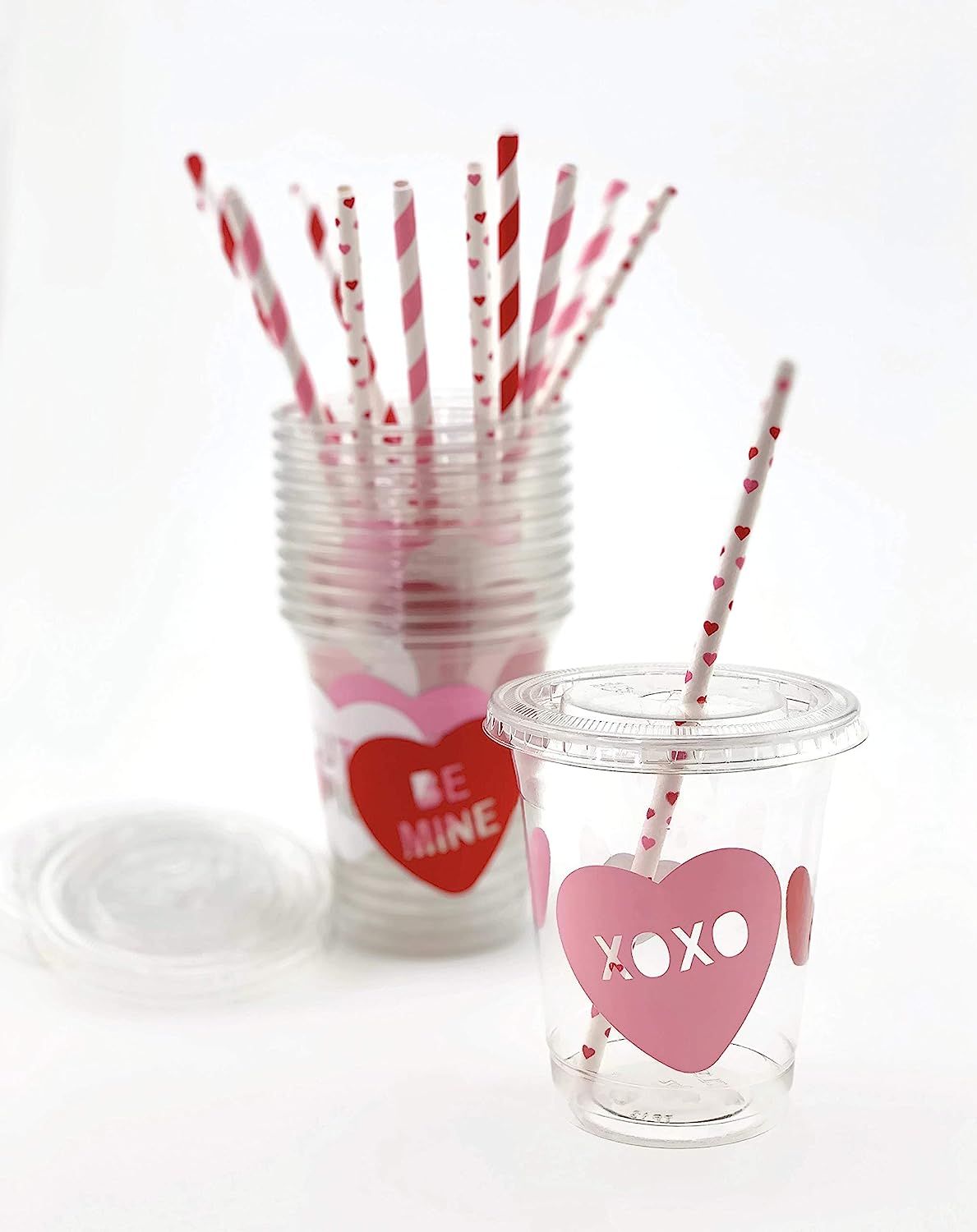 Pink Red Valentines Day Party Cups - 12 Set Plastic Lid Straws Supplies Decorations Favor | Amazon (US)