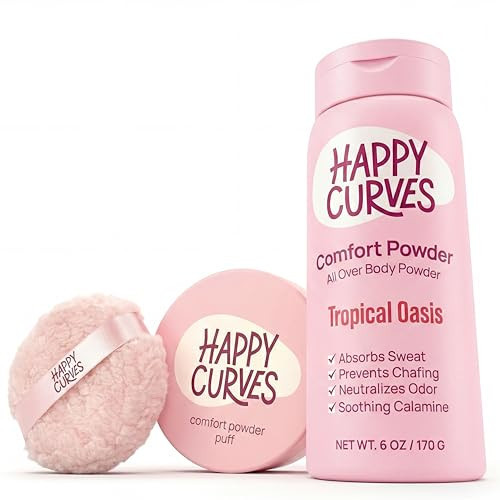 Happy Curves Comfort Powder & Puff Bundle – Talc Free Dusting Body Powder Deodorant + Powder Puff Applicator for Boob Sweat, Inner Thigh Chafing, Foot Odor & Odor Control, 6oz – Tropical Oasis | Amazon (US)