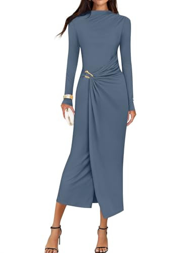 ZESICA Women's 2026 Spring Long Sleeve Bodycon Dress Mock Neck Wedding Guest Cocktail Party Long Midi Dresses Dusty Blue XX-Large | Amazon (US)