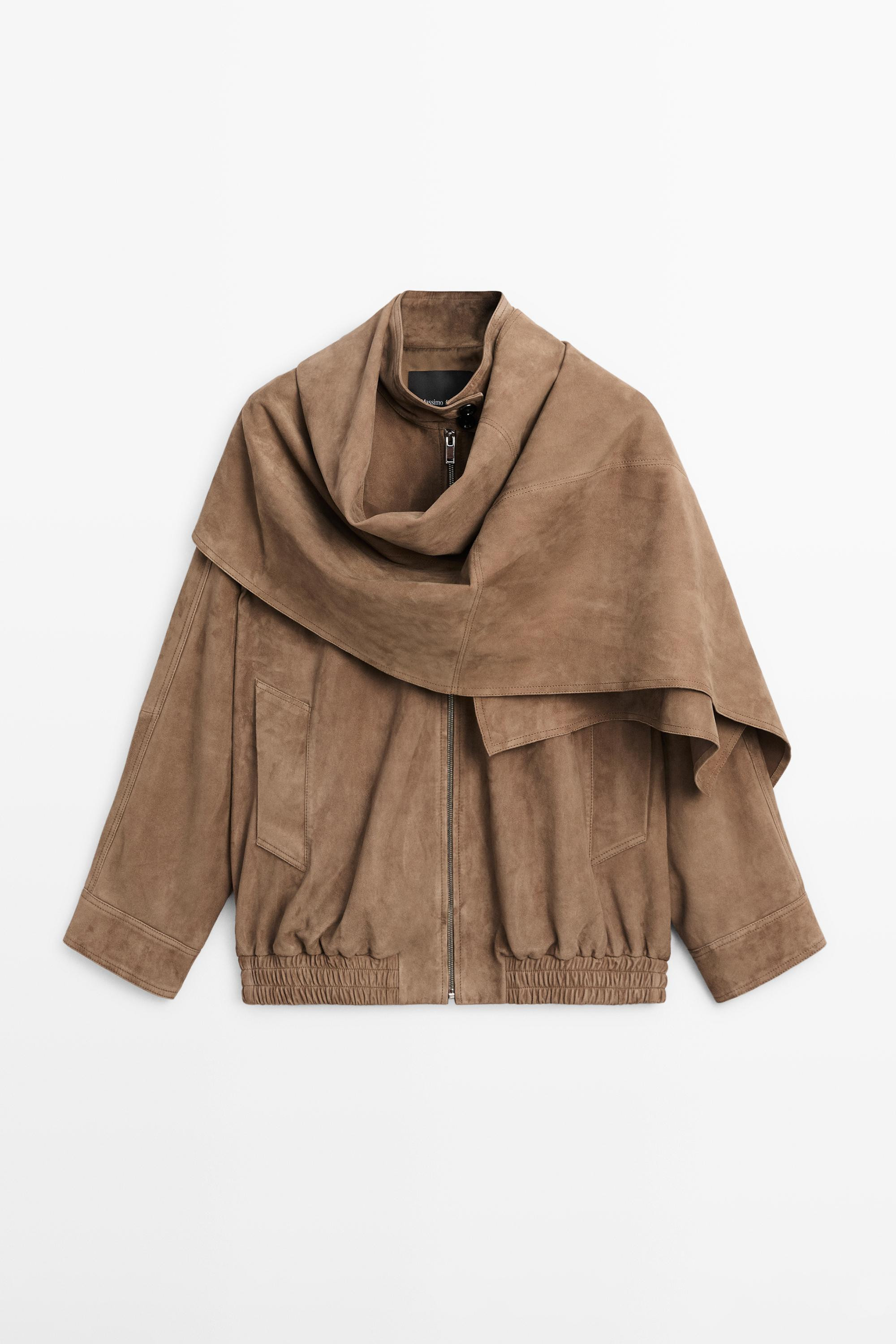 Suede leather bomber jacket with scarf detail | Massimo Dutti UK