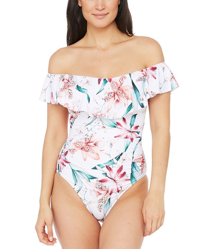Flyaway Orchid Printed Ruffle Off-the-Shoulder One-Piece Swimsuit | Macys (US)