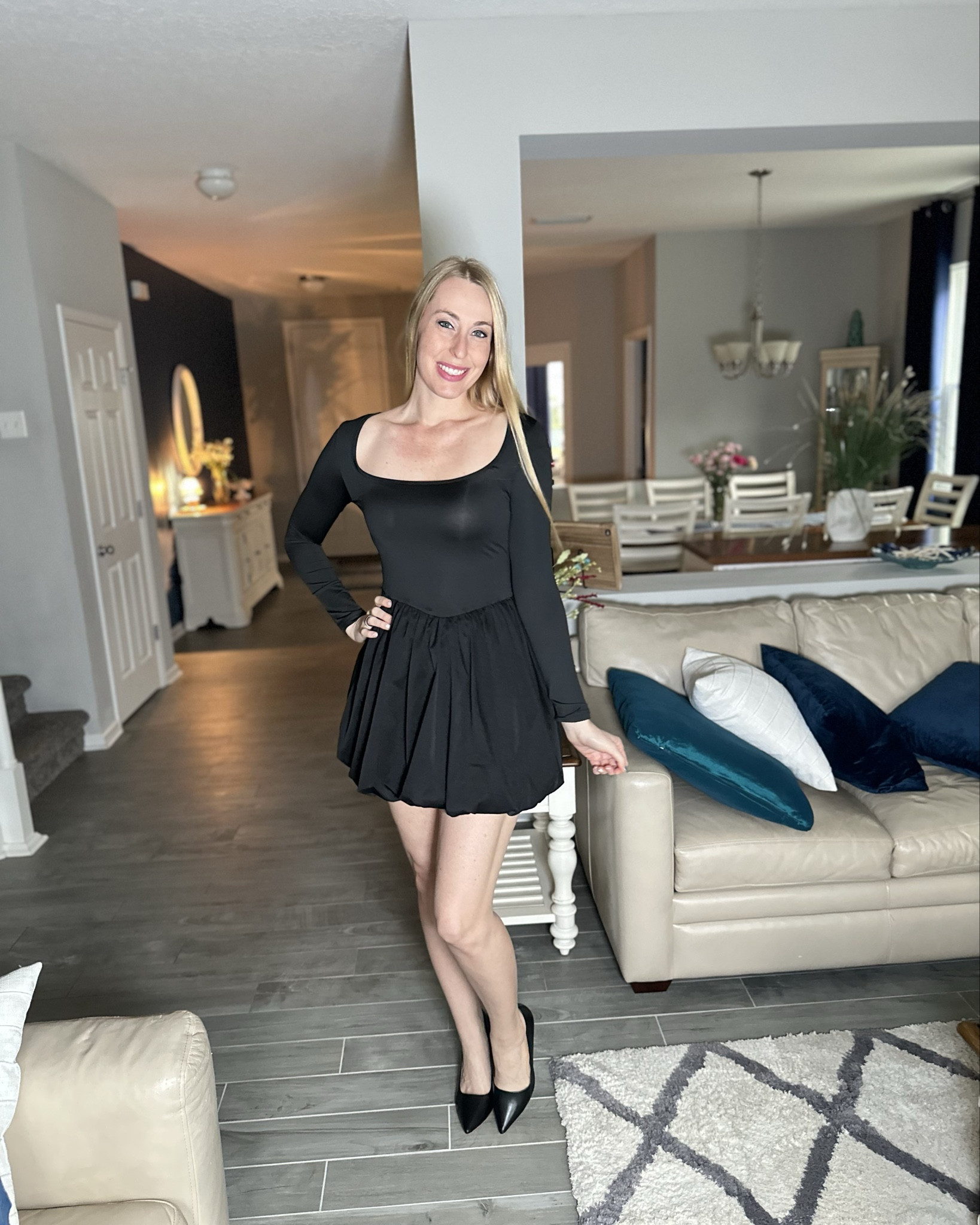 Little black dress with classy bubble skirt
❤️  this is a mini dress on me - I am 5’10” and it is very stretchy 
❤️ I am wearing size small, it fits true to size
❤️ a cute date night or Valentine’s Day dress

#LTKFindsUnder50 #LTKStyleTip #LTKFindsUnder100