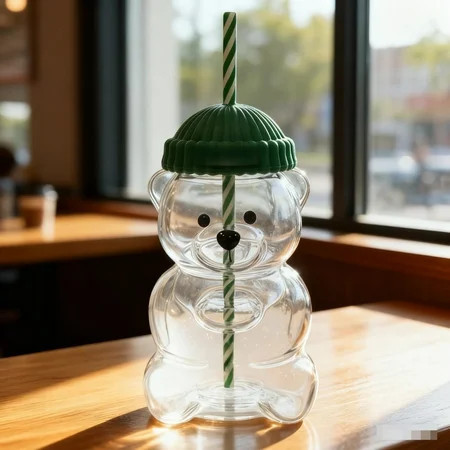 20oz Bear Sippy Cup with Straw, Clear Bear Glass Cup with Lid, Cute Kawaii Bear Glass Bottle Mug for Water Juice Milk Tea, Bear Cup | Walmart (US)