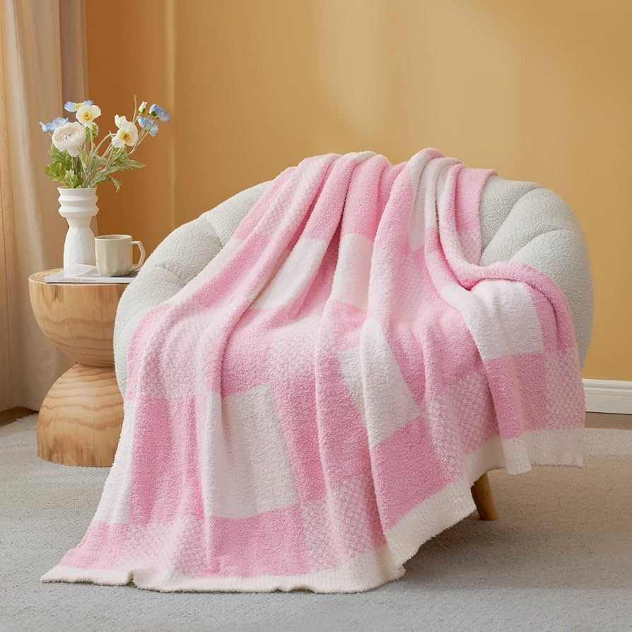 Snuggle Sac Checkered Blanket, Baby Pink Throw Blanket for Couch Plaid Microfiber Fluffy Warm Coz... | Amazon (US)