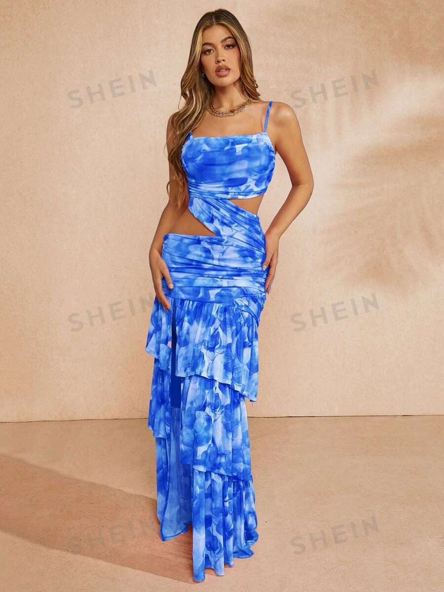 SHEIN Haute Floral Vacation Dress Hollow Out Spaghetti Strap Dress | SHEIN