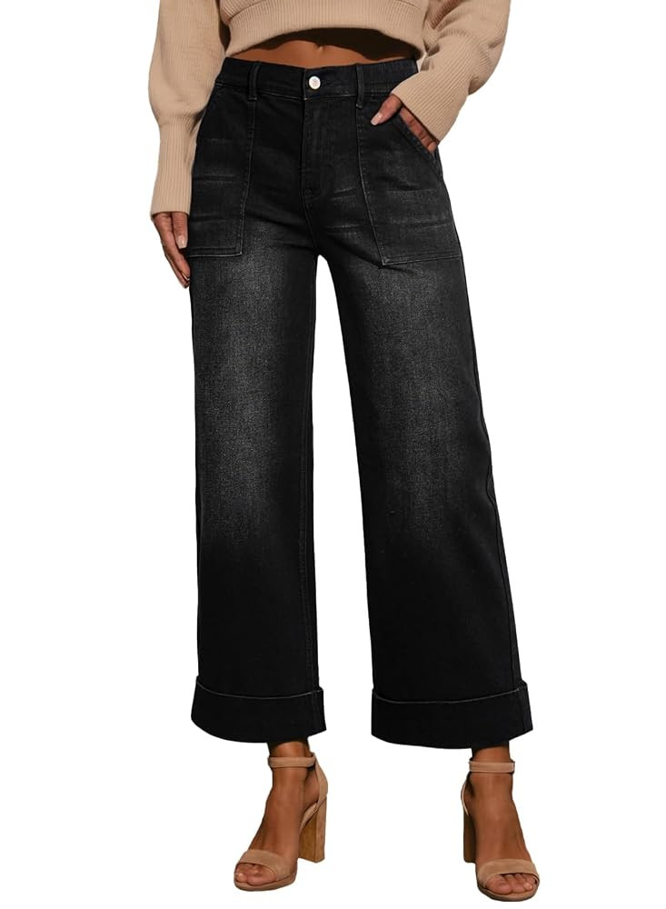 EVALESS Womens High Waist Wide Leg Jeans Trendy Cropped Denim Pants Solid Ankle Length Stretchy J... | Amazon (US)