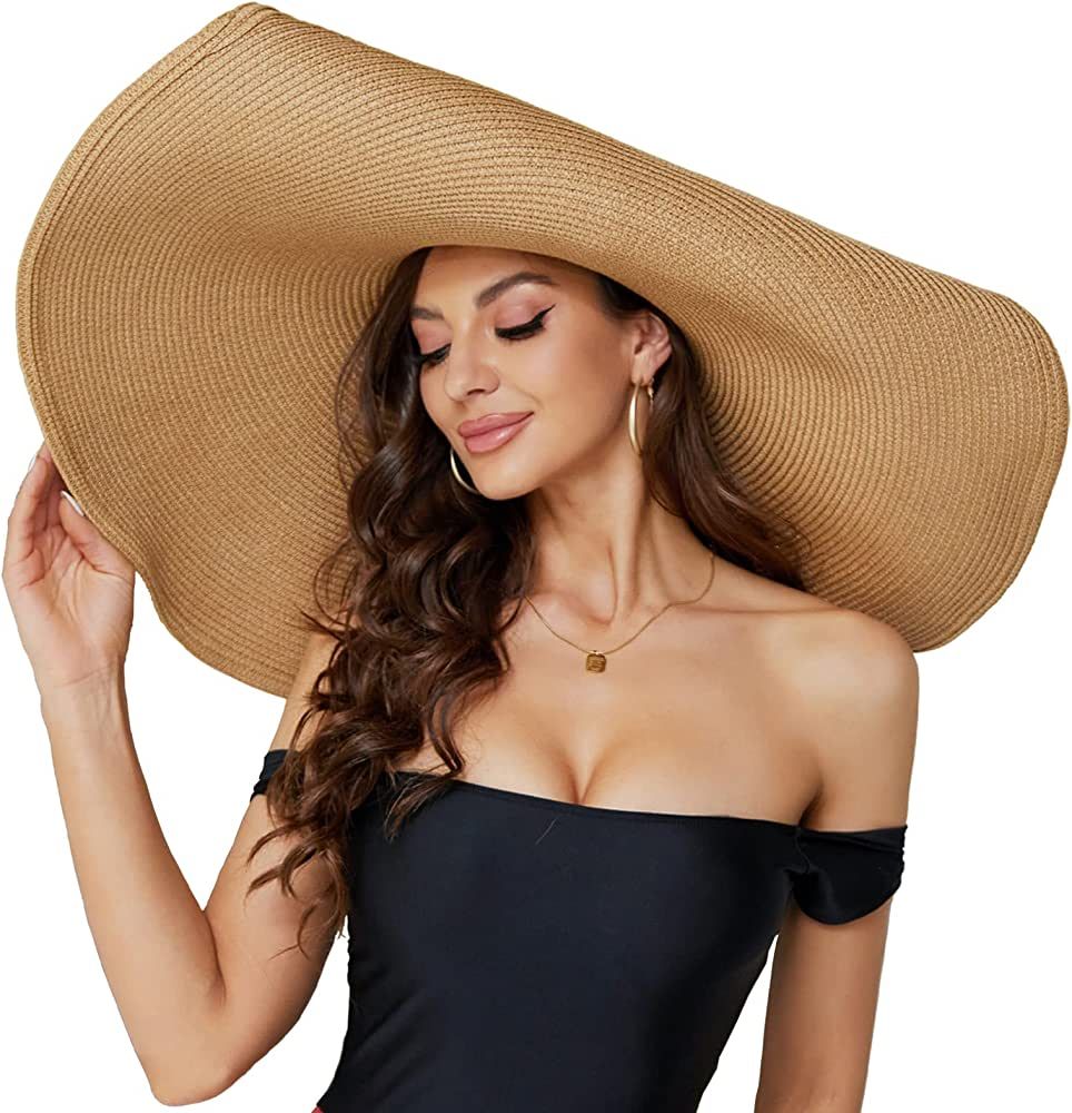 Oversized Beach Straw Hat for Women, Fashion Large Wide Brim Visor Hats Handmade Roll Up Floppy S... | Amazon (US)