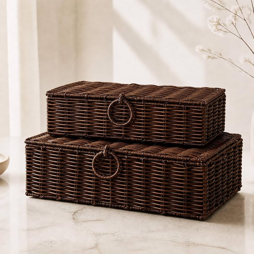 Hushee Set of 2 Wicker Storage Baskets with Lid Woven Wicker Storage Bins Woven Rattan Decorative... | Amazon (US)