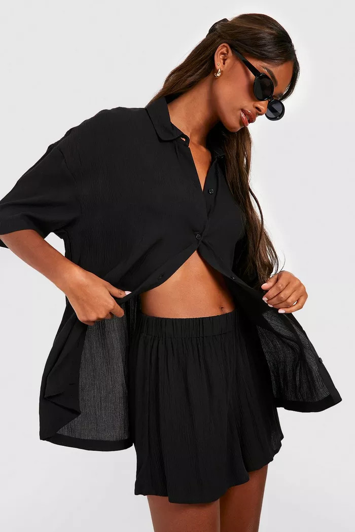 Crinkle Short Sleeved Shirt, Shorts & Scrunchie Set | Boohoo.com (UK & IE)