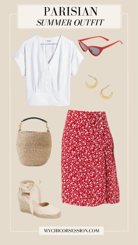 Think classic white t-shirt, but better! This short-sleeve top kicks off this next look, already making for a lightweight, breezy foundation. Pair it with a red floral skirt, a woven tote, gold earrings, espadrilles. 

#LTKSeasonal #LTKstyletip