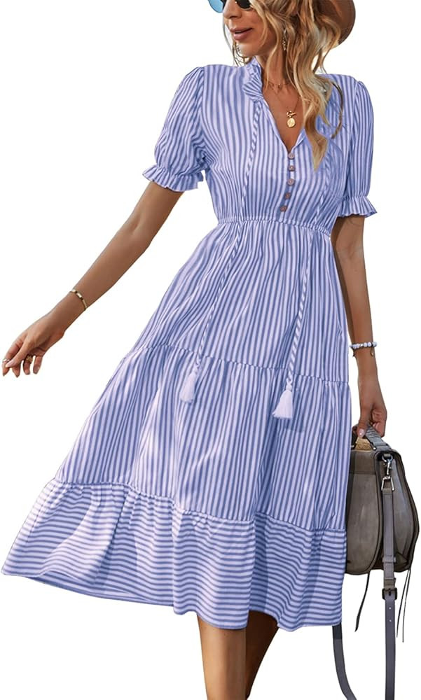 Sexyasasii Women's Summer Ruffle Puff Sleeve Dress Short Sleeve V Neck High Waist Casual Loose St... | Amazon (US)