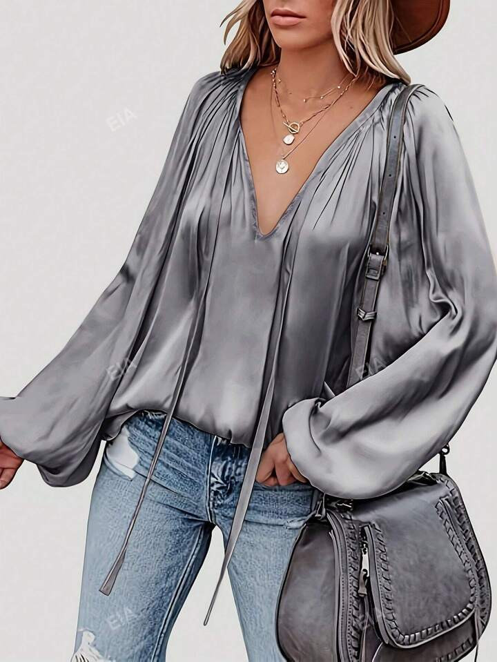 Women's Satin Elegant Tie-Neck Ruffle Long Sleeve Blouse | SHEIN