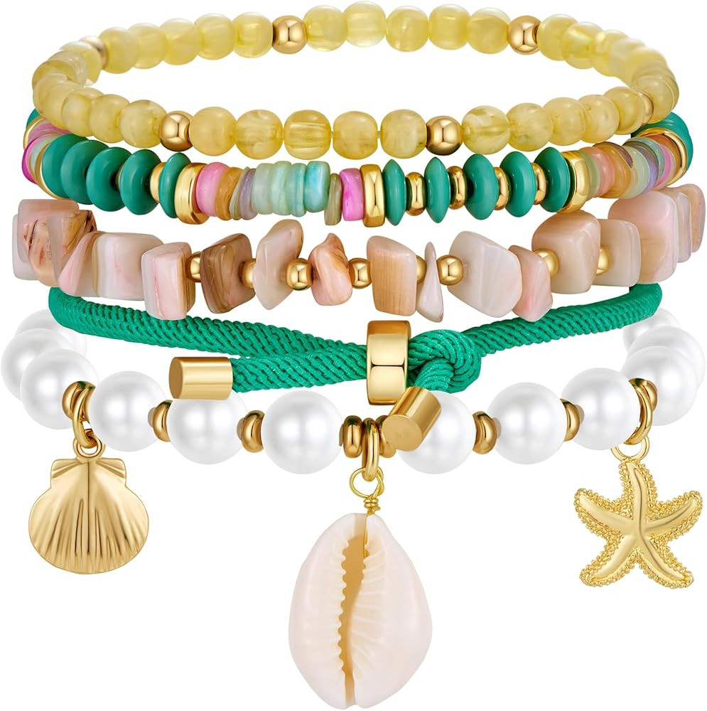 Multicolor Beaded Stretch Bracelets for Women Trendy Stackable Layered Bracelet Boho Conch Seashe... | Amazon (US)