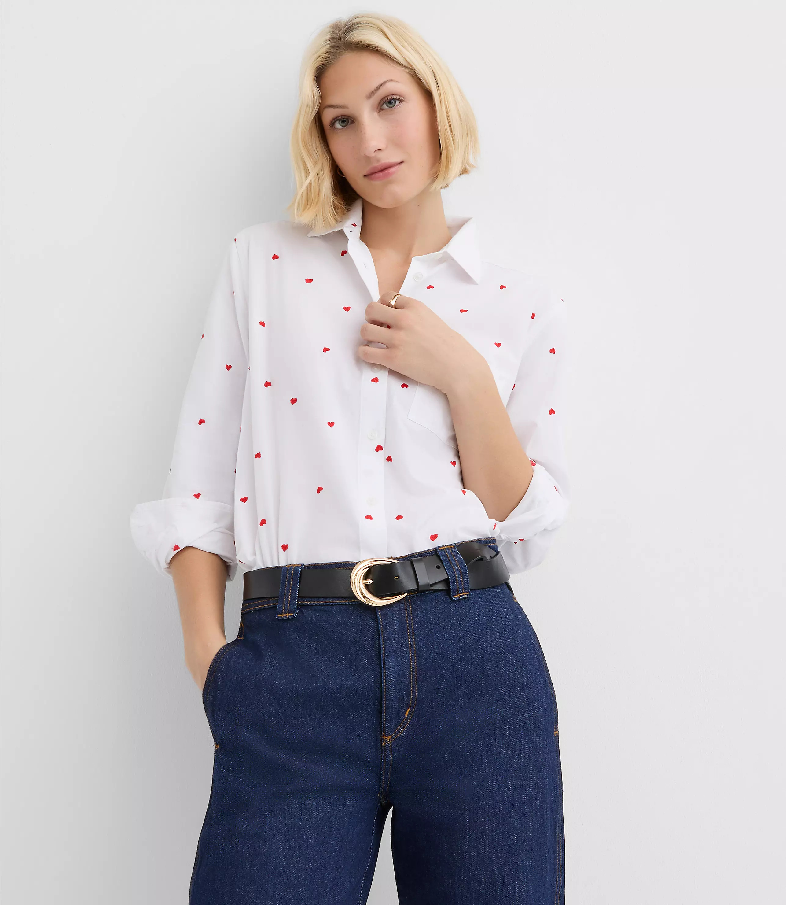 Petite Heart Embroidered Everyday Relaxed Pocket Shirt | LOFT