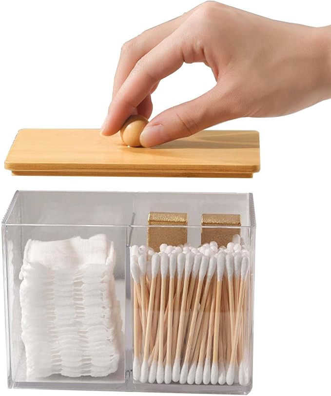 Clear Acrylic Cotton Wool Holder 3 Compartment Cotton Bud Holder with Wood Lid, Qtips Holder Disp... | Amazon (UK)