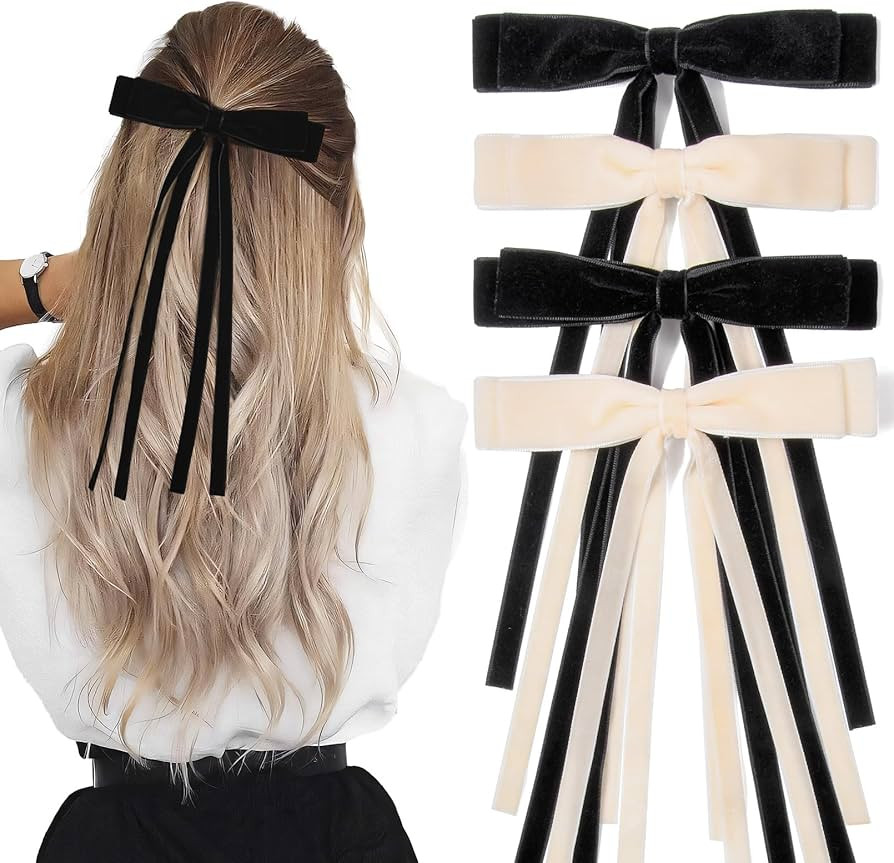 4PCS Velvet Hair Bows Ribbon Hair Clip Black Beige Ponytail Holder Accessories Slides Metal Clips... | Amazon (US)
