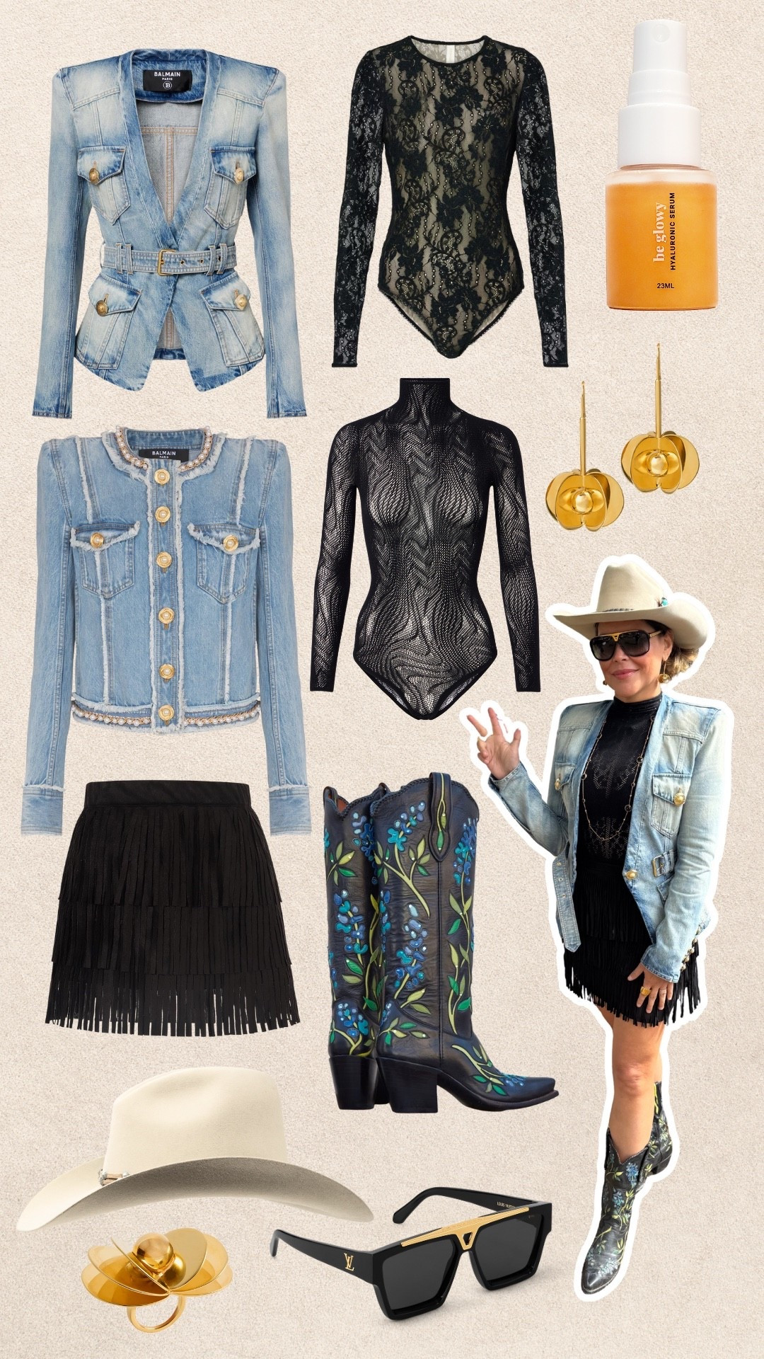 Balmain denim jacket and mesh bodysuit 