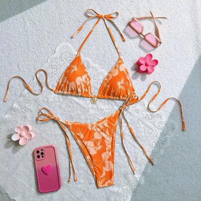 Women's Summer Beach Floral Print Halter Neck Tie Bikini Set, Sexy Two-Piece Bikini Set | SHEIN