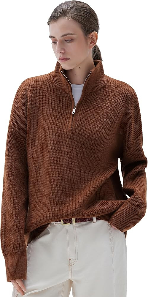 SUUKSESS Women Cashmere Oversized Quarter Zip Pullover Sweater Long Sleeve Collared Ribbed Knit J... | Amazon (US)