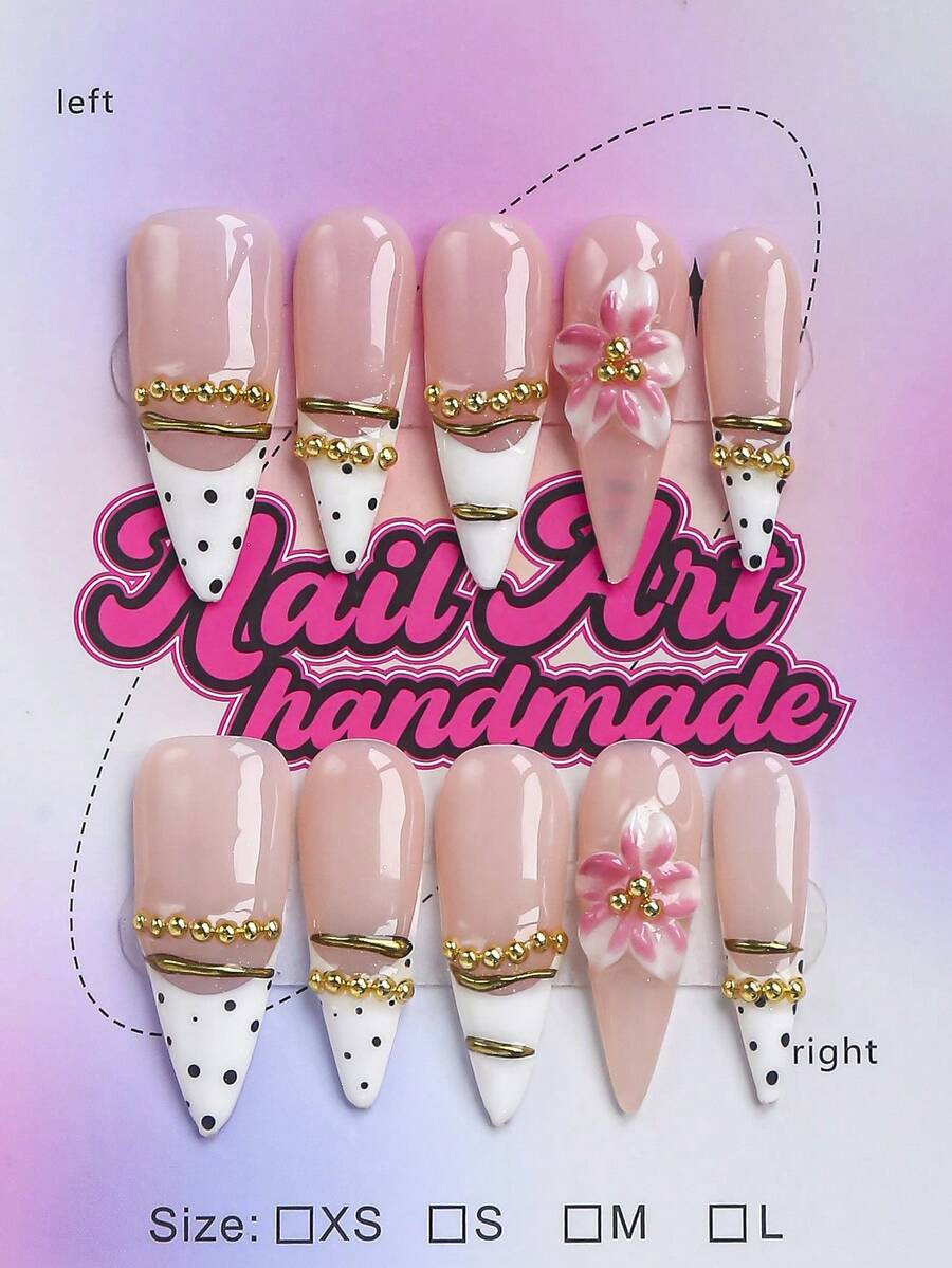 10pcs Handmade Almond Shape Y2K Style Nail Stickers, Hand-Painted Nude Base With White Base And B... | SHEIN
