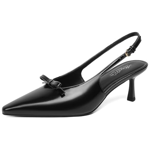 Mostrin Black Kitten Heels for Women Pointed Closed Toe Stilettos Slingback Low Heel Bow Pumps Dress Shoes for Daily Party Wedding Size 11 | Amazon (US)