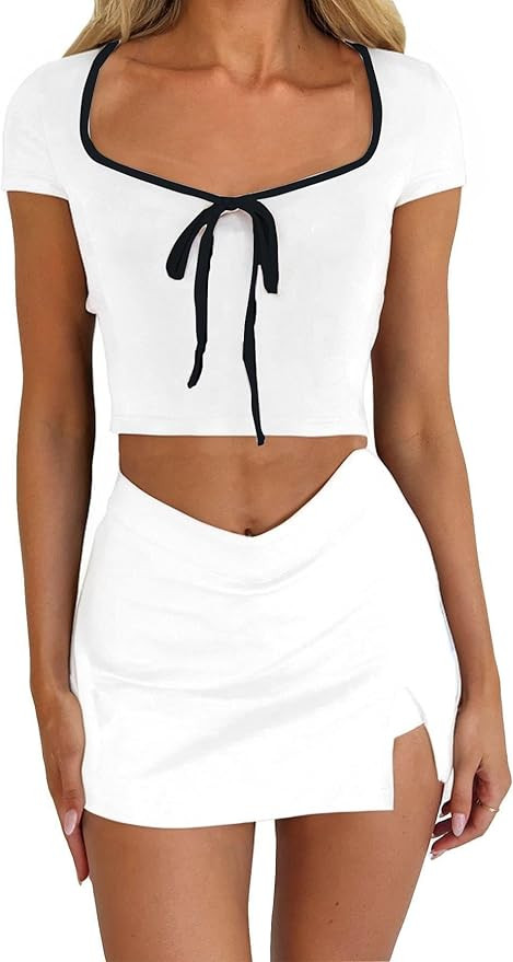 Womens Summer Short Sleeve Bow Square Neck Baby Tees Color Block Basic Crop Tops | Amazon (US)