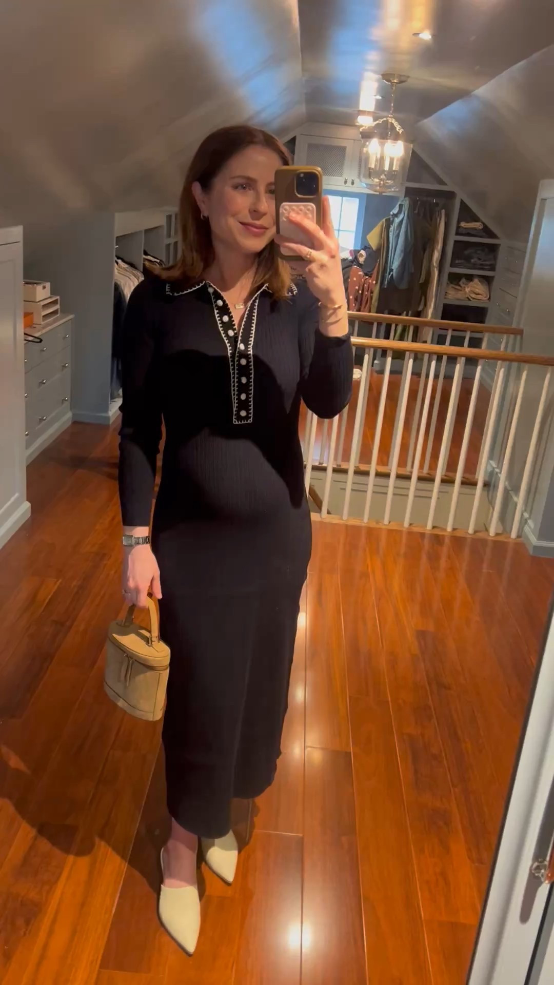 Navy knit midi dress from Sezane
Perfect with or without a bump! I sized up 1 for the bump. 

Ivory mules Dolce vita
Beige suede bag Paris/64

#LTKItBag #LTKBump #LTKStyleTip