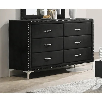 Glam Style 1pc Six Drawers Dresser Fabric Upholstered Tufted Nailhead Tempered Glass Wood Metal Fabric Bedroom Furniture | Wayfair North America