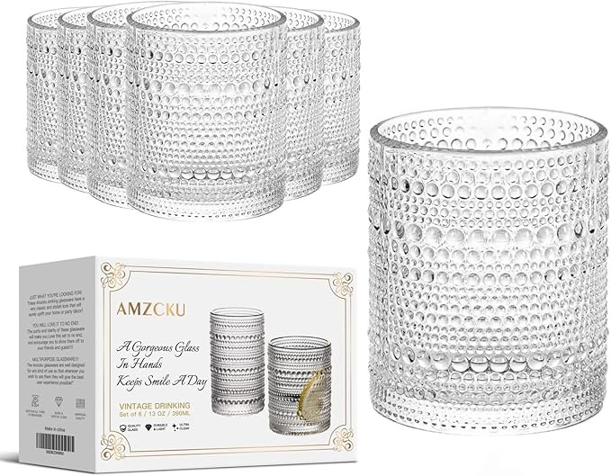 Amzcku Vintage Drinking Glass Set of 6 Kitchen Glasses Cup（13 OZ），for Water，Cocktail，Mi... | Amazon (US)