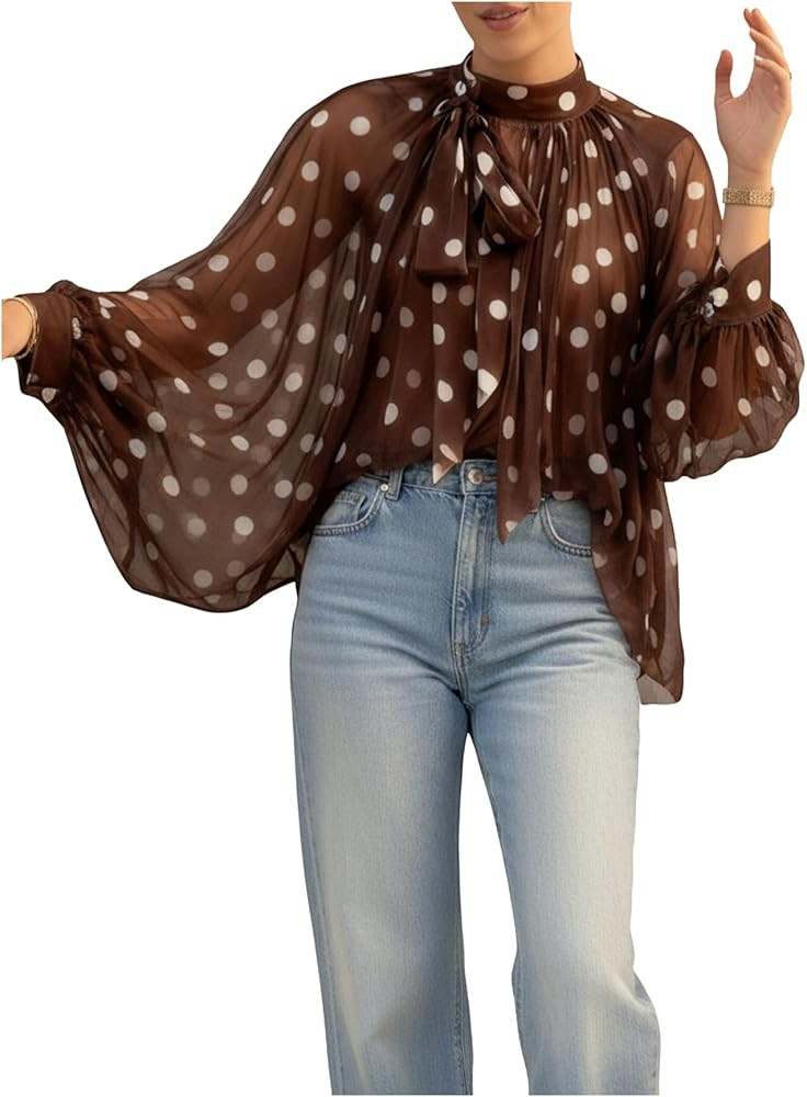 Floerns Women's Polka Dots Bishop Sleeve Shirts Tie Neck Mesh Blouse Tops | Amazon (US)