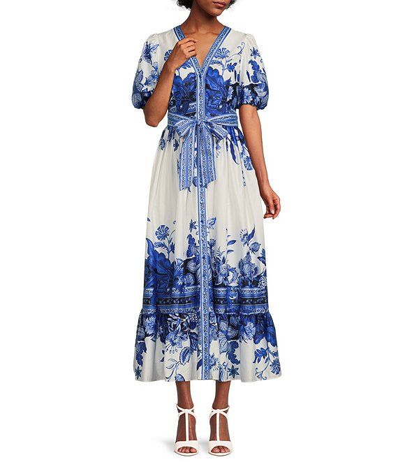 x Kimberly Whitman Kamilla V-Neck Short Puff Sleeve Button Front Tie Waist Floral Print Maxi Dres... | Dillards