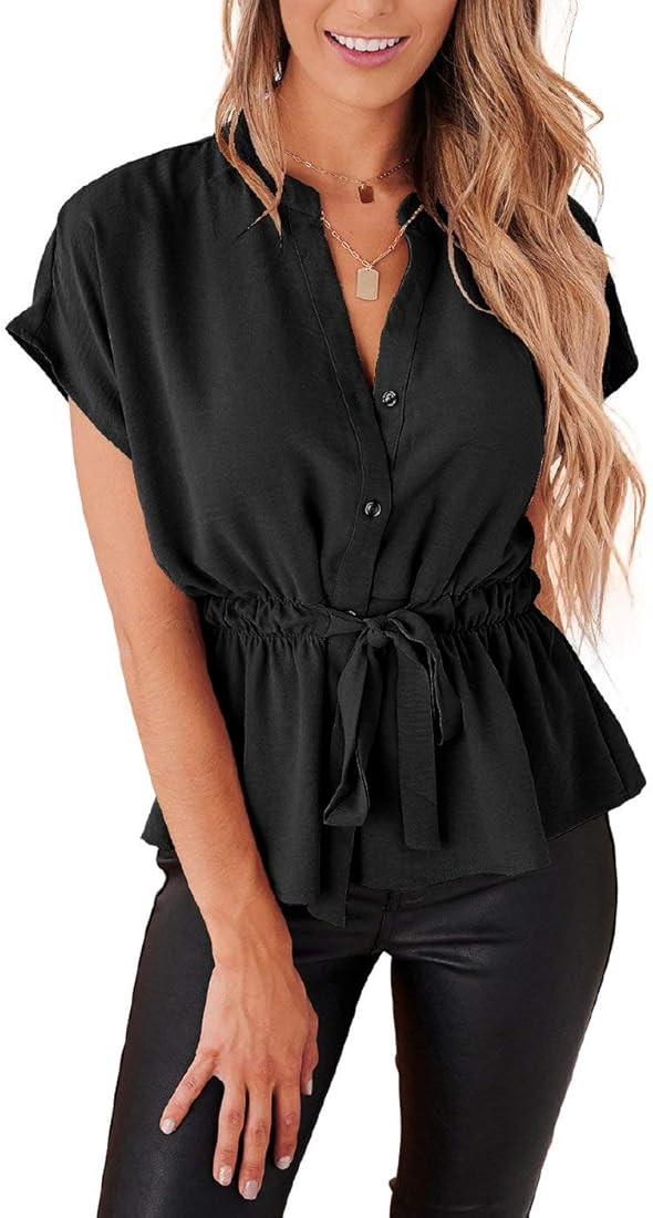 Womens Button Down Blouses Casual Peplum Summer Tops Dressy Chiffon Work Blouse | Amazon (US)