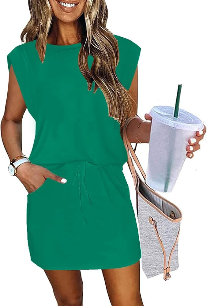 ETCYY NEW Womens Cap Sleeve Summer Dress Crew Neck Tie Front A-Line Dresses Double Layer Hem Mini... | Amazon (US)