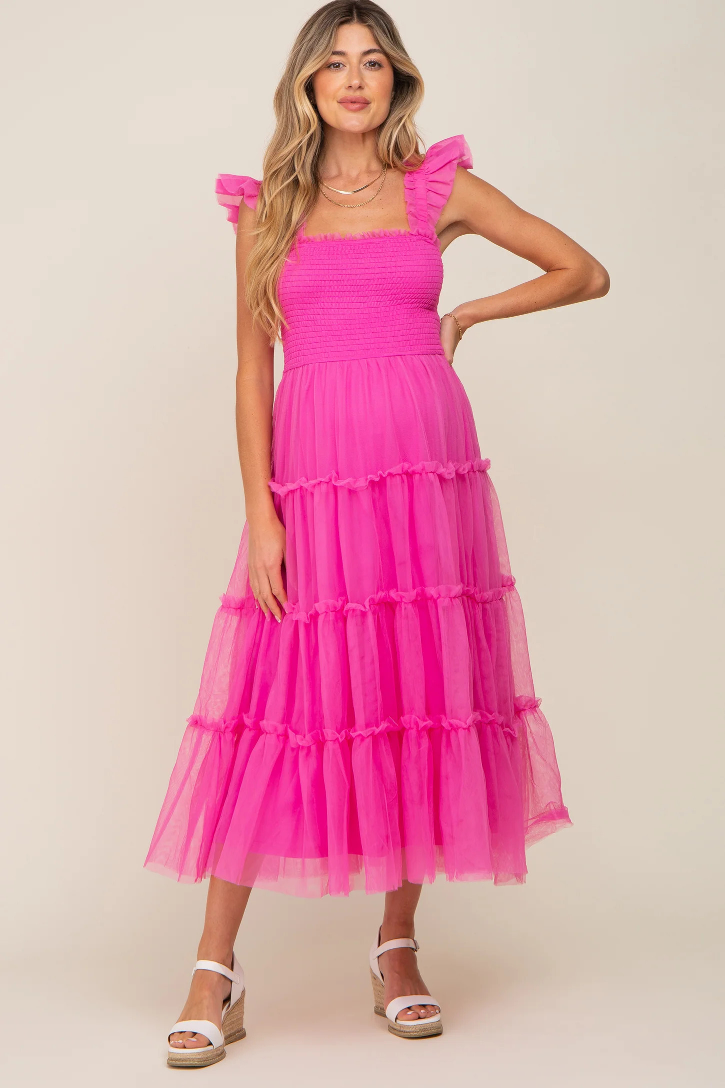 Fuchsia Smocked Mesh Ruffle Accent Maternity Midi Dress | PinkBlush Maternity
