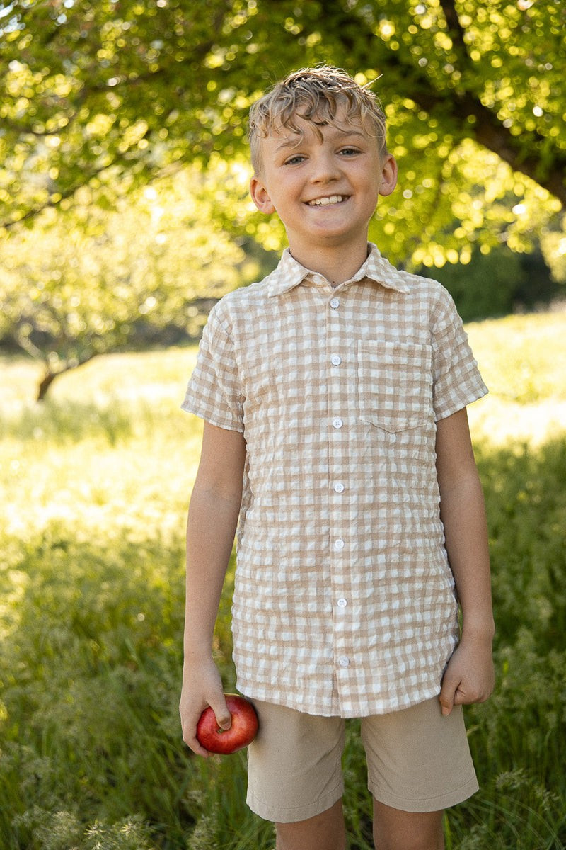 Madeline Boys Shirt in Tan Gingham | Ivy City Co