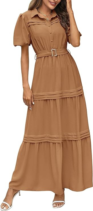 PRETTYGARDEN Women's Summer Maxi Dress Puff Short Sleeve Lapel V Neck Tiered A Line Flowy Elegant... | Amazon (US)